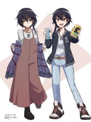 Rule 34 | 2girls, alternate costume, asymmetrical hair, belt, black footwear, black hair, black jacket, brown dress, brown eyes, can, clothes writing, dated, denim, dog tags, dress, hair ribbon, holding, holding can, i-13 (kancolle), i-14 (kancolle), infini, jacket, jeans, kantai collection, long sleeves, multiple girls, open mouth, pants, plaid, ribbon, shirt, short hair, simple background, smile, standing, twitter username, two-tone background