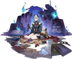 Rule 34 | 1girl, black gloves, blue fire, book, breasts, calligraphy brush, chain, detached sleeves, fire, full body, game cg, ghost, gloves, hanya (honkai: star rail), highres, holding, holding calligraphy brush, holding paintbrush, honkai: star rail, honkai (series), large breasts, non-web source, official art, paintbrush, paper, parted lips, sitting, solo, transparent background, wariza