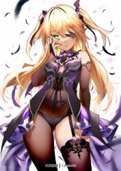 Rule 34 | 1girl, bare shoulders, black feathers, blonde hair, blush, bodystocking, bow, breasts, chuunibyou, eyepatch, feathers, fischl (genshin impact), garter straps, genshin impact, gloves, green eyes, hair over one eye, highres, long hair, looking at viewer, miu (angelo whitechoc), purple bow, purple neckwear, simple background, single glove, single leg pantyhose, single thighhigh, small breasts, solo, thighhighs, thighs, two side up, white background