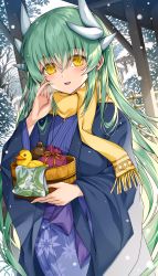 Rule 34 | 1girl, blue kimono, dragon girl, dragon horns, fate/grand order, fate (series), floral print, green hair, highres, holding, horns, japanese clothes, kimono, kiyohime (fate), kiyohime (traveling outfit) (fate), long hair, morizono shiki, multiple horns, outdoors, print kimono, rubber duck, scarf, snow, snowing, solo, standing, tree, wide sleeves, yellow eyes, yellow scarf