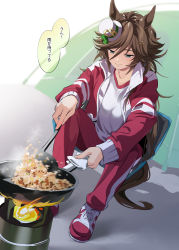 Rule 34 | 1girl, animal ears, brown hair, chair, closed mouth, cooking, folding chair, frying pan, full body, green eyes, gym uniform, hair ornament, hairclip, half-closed eyes, hat, horse ears, horse girl, horse tail, jacket, ladle, long hair, long sleeves, mini hat, mini top hat, misu kasumi, mr. c.b. (umamusume), pants, portable stove, red jacket, red pants, rice, shirt, shoes, sitting, smile, sneakers, solo, speech bubble, tail, tent, top hat, track jacket, translation request, umamusume, white shirt