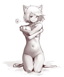 Rule 34 | 1girl, :3, animal ears, breasts, cat ears, cat tail, closed mouth, covering privates, covering breasts, crossed arms, deel (rkeg), earrings, full body, greyscale, heart, highres, jewelry, kneeling, looking at viewer, medium breasts, monochrome, navel, original, short hair, simple background, smile, solo, spoken heart, swept bangs, tail, white background