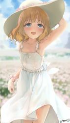 Rule 34 | 1girl, absurdres, arm behind head, arm up, armpits, blue eyes, breasts, brown hair, damu (dapeach), dress, flower, hair flower, hair ornament, hat, highres, idolmaster, idolmaster million live!, idolmaster million live! theater days, open mouth, outdoors, short hair, sleeveless, sleeveless dress, small breasts, smile, solo, sun hat, sundress, suou momoko, white dress