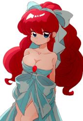 Rule 34 | 1girl, absurdly long hair, alternate costume, blue eyes, breasts, cleavage, dress, earrings, eyelashes, high ponytail, jewelry, large breasts, long hair, looking at viewer, no bra, ponytail, ranma-chan, ranma 1/2, red hair, sanamaru (sana79261827), saotome ranma, simple background, solo, very long hair, white background