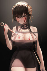Rule 34 | 1girl, :o, absurdres, artificial flower, bare shoulders, black background, black dress, black hair, blood, blood on breasts, blood on face, blood on hands, bloody weapon, blush, breasts, cleavage, collarbone, cowboy shot, dress, dual wielding, flower, gradient background, grey background, hair flower, hair ornament, hairband, highres, holding, holding weapon, large breasts, light particles, looking at viewer, onedoo, open mouth, red eyes, short hair with long locks, sleeveless, sleeveless dress, solo, spy x family, weapon, yellow hairband, yor briar