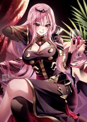 Rule 34 | 1girl, armlet, black dress, black thighhighs, blue nails, bracer, breasts, cleavage, commentary, crossed legs, cup, detached sleeves, dress, drinking glass, gold trim, grin, hair flip, hand in own hair, highres, holding, holding cup, hololive, hololive english, indoors, kira yukishiro, large breasts, long dress, long hair, looking at viewer, mori calliope, mori calliope (1st costume), nail polish, pink hair, red eyes, see-through, see-through sleeves, sidelocks, single detached sleeve, single thighhigh, sitting, sleeveless, sleeveless dress, smile, solo, straight hair, thighhighs, tiara, veil, virtual youtuber, wine glass