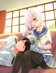 Rule 34 | 1boy, 1girl, absurdres, admiral (kancolle), black pantyhose, blouse, blue eyes, blue skirt, breasts, closed eyes, commentary request, ear cleaning, eyes visible through hair, gloves, hair ornament, hair over one eye, hairclip, hamakaze (kancolle), hand on another&#039;s head, hat, highres, indoors, kantai collection, lap pillow, long sleeves, medium breasts, military, military uniform, mimikaki, naval uniform, neckerchief, panties, panties under pantyhose, pantyhose, pantyshot, peaked cap, pleated skirt, sarfata, school uniform, serafuku, shirt, short hair, short sleeves, sitting, skirt, underwear, uniform, white gloves, white hair, white panties, white shirt, window, yellow neckerchief