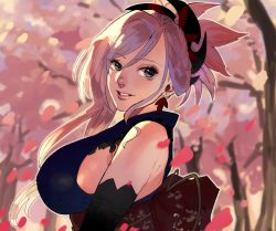 Rule 34 | 1girl, asymmetrical hair, bare shoulders, blue eyes, breasts, cherry blossoms, detached sleeves, earrings, falling petals, fate/grand order, fate (series), hair bun, hair ornament, japanese clothes, jewelry, jojo sono, kimono, large breasts, long hair, looking to the side, miyamoto musashi (fate), miyamoto musashi (first ascension) (fate), obi, petals, pink hair, ponytail, sash, side bun, sideboob, single side bun, single sidelock, sleeveless, sleeveless kimono, smile, swept bangs, tree