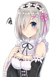 Rule 34 | 10s, 1girl, :/, bare shoulders, black dress, black ribbon, blue eyes, blush, breasts, cleavage, cleavage cutout, closed mouth, clothing cutout, cosplay, detached sleeves, dress, eyebrows, frilled sleeves, frills, hair ornament, hair over one eye, hair ribbon, hairclip, hamakaze (kancolle), hand on own chest, highres, kantai collection, large breasts, long sleeves, maid, mizukoshi (marumi), pink ribbon, re:zero kara hajimeru isekai seikatsu, red ribbon, rem (re:zero), rem (re:zero) (cosplay), ribbon, short hair, silver hair, simple background, solo, squiggle, tareme, white background, wide sleeves, x hair ornament