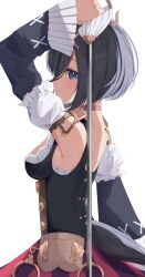 Rule 34 | 1girl, absurdres, arm up, armpits, black hair, blue eyes, breasts, clothing cutout, commentary, detached sleeves, dirndl, eishin flash (umamusume), from side, german clothes, highres, holding, holding sword, holding weapon, horse girl, horse tail, looking to the side, medium breasts, short hair, simple background, solo, sword, sword behind back, tail, tail through clothes, umamusume, weapon, white background, yokawa nagi