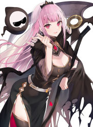 Rule 34 | 1girl, black cloak, black dress, black thighhighs, breasts, cleavage, cloak, commentary request, dress, hand up, hololive, hololive english, long hair, medium breasts, mori calliope, nail polish, parted lips, pink hair, red eyes, scythe, see-through, simple background, smile, solo, tetsubuta, thighhighs, tiara, torn cloak, torn clothes, veil, very long hair, virtual youtuber, white background