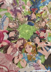 Rule 34 | bare shoulders, blonde hair, blue hair, brown hair, dress, everyone, grass, highres, kunikida hanamaru, kurosawa dia, kurosawa ruby, long hair, love live!, love live! sunshine!!, lying, matsuura kanan, multiple girls, ohara mari, on back, orange hair, sakurauchi riko, short hair, skirt, takami chika, tiara, tsushima yoshiko, watanabe you, yousolo