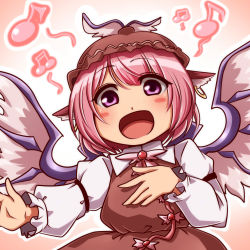 Rule 34 | 1girl, animal ears, beamed eighth notes, beamed sixteenth notes, bird ears, bird wings, blush, brown dress, brown hat, dress, earrings, eighth note, frilled sleeves, frills, hat, jewelry, long sleeves, musical note, mystia lorelei, open mouth, pink eyes, pink hair, short hair, single earring, smile, solo, tottsuman, touhou, upper body, white wings, winged hat, wings