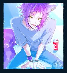 Rule 34 | 1boy, animal ear fluff, animal ears, arrow (symbol), bead bracelet, beads, black border, blue pants, border, bracelet, can, cat boy, cat ears, cat tail, che&#039;nya, collar, commentary request, cut bangs, drink can, earrings, grey shirt, highres, jewelry, khr, looking at viewer, lower teeth only, male focus, multicolored hair, open mouth, pants, purple collar, purple hair, ring, shirt, short hair, short sleeves, sidelocks, signature, sitting, smile, soda can, solo, streaked hair, t-shirt, tail, teeth, tongue, translation request, twisted wonderland, v arms, wristband, yellow eyes