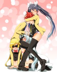 Rule 34 | 1boy, 3girls, ^ ^, all fours, black legwear, blazer, blindfold, blonde hair, blue eyes, blue hair, blush, bow, breast sucking, breasts, closed eyes, clothes lift, clothes pin, fellatio, flat chest, gradient background, gradient hair, hair bow, hair ribbon, hands on another&#039;s head, harem, head grab, highres, hug, human furniture, image sample, jacket, kneeling, lab coat, large breasts, long hair, md5 mismatch, mitsuka souji, multicolored hair, multiple girls, nipples, open fly, open mouth, oral, ore twintail ni narimasu, panties, pants, pixiv sample, red hair, ribbon, school uniform, shindou erina, shirt, short hair, sitting, sitting on person, skirt, skirt lift, sweatdrop, thighhighs, thighs, tsube aika, twoearle, underwear, unzipped, white hair, yuto (dialique)