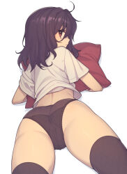 Rule 34 | 1girl, ass, black hair, black thighhighs, brown eyes, cameltoe, closed mouth, commentary, cowboy shot, cowlick, everyntrge, from behind, hair between eyes, hugging object, looking at viewer, looking back, median furrow, medium hair, no pants, original, paid reward available, pillow, pillow hug, red pillow, shirt, short sleeves, simple background, solo, t-shirt, thighhighs, white background, white shirt