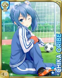Rule 34 | 1girl, blue eyes, blue hair, blue jacket, card (medium), character name, closed mouth, day, girlfriend (kari), gloves, jacket, official art, one eye closed, oribe chika, outdoors, pants, ponytail, qp:flapper, shoes, sitting, smile, soccer, solo, tagme, track suit