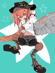Rule 34 | 1girl, :3, feathered wings, female focus, harpy, hat, highres, leggings, monster girl, navel, open mouth, original, pointy ears, red hair, shoes, short shorts, shorts, solo, tomatojam, upshorts, wings