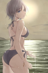 Rule 34 | 1girl, asakura toru, ass, bare arms, bare back, bikini, black bikini, blue eyes, bracelet, breasts, cloud, cloudy sky, dimples of venus, hair between eyes, halterneck, highres, idolmaster, idolmaster shiny colors, in water, jewelry, light particles, light smile, looking at viewer, looking back, medium breasts, multicolored hair, outdoors, parted lips, short hair, side-tie bikini bottom, sky, sleeveless, solo, sun, swimsuit, thighs, two-tone hair, wading, water, wet, wet clothes, wet swimsuit, yoshimoto (carpsukidayo)