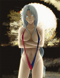 Rule 34 | 1girl, areola slip, beato2528, blue eyes, braid, breast hold, breasts, crossed arms, female focus, grey eyes, highres, large breasts, lips, long hair, looking at viewer, silver hair, slingshot swimsuit, solo, swimsuit, touhou, yagokoro eirin