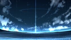 Rule 34 | blue theme, chinese commentary, cloud, commentary request, highres, horizon, mountainous horizon, no humans, original, outdoors, rune xiao, scenery, signature, sky, star (sky), starry sky, still life