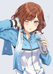 Rule 34 | 1girl, ayano yuu (sonma 1426), blue jacket, blush, bottle, brown hair, commentary, drinking, grey background, hair ornament, hairclip, hand in own hair, highres, higuchi madoka, holding, holding bottle, idolmaster, idolmaster shiny colors, jacket, long sleeves, looking at viewer, looking to the side, mole, mole under eye, nail polish, one eye closed, purple eyes, purple nails, short hair, simple background, solo, towel, track suit, upper body, water bottle, zipper, zipper pull tab