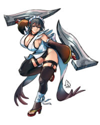 1girl absurdres black_hair blue_eyes breasts butterfly_swords choker cleavage detached_sleeves dual_wielding full_body high_heels highres holding holding_weapon iroha_(samurai_spirits) large_breasts leotard leotard_under_clothes maid maid_headdress open-toe_shoes samurai_spirits sideboob snk solo weapon