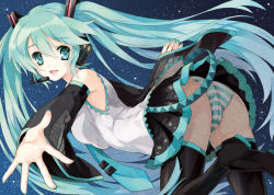 Rule 34 | 1girl, aqua eyes, aqua hair, ass, bad id, bad pixiv id, detached sleeves, hatsune miku, headphones, long hair, looking at viewer, microphone, mottsun, mottun (pixiv), open mouth, outstretched hand, panties, pantyshot, skirt, smile, solo, striped clothes, striped panties, thighhighs, twintails, underwear, upskirt, vocaloid, zettai ryouiki