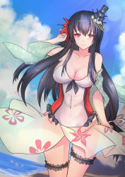 Rule 34 | 10s, 1girl, alternate costume, antiqq, arm at side, bare shoulders, beach, bikini, black hair, breasts, cleavage, cloud, cloudy sky, covered navel, day, floral print, flower, frilled bikini, frills, fusou (kancolle), hair flaps, hair flower, hair ornament, highres, kantai collection, large breasts, light smile, long hair, looking at viewer, ocean, one-piece swimsuit, outdoors, red eyes, sarong, sky, solo, swimsuit, thigh strap, white bikini, white one-piece swimsuit