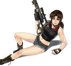 Rule 34 | 1girl, ai arctic warfare, ai aw-50, anti-materiel rifle, arm support, azasuke, belt, black lagoon, bolt action, boots, breasts, brown eyes, brown hair, crop top, ear protection, fingerless gloves, gloves, green footwear, gun, large breasts, micro shorts, midriff, navel, revy (black lagoon), rifle, scope, shorts, smile, sniper rifle, solo, tank top, tattoo, tomboy, torn clothes, torn shorts, weapon