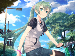 Rule 34 | 1girl, ahoge, aqua eyes, aqua hair, bicycle, black thighhighs, blue sky, bracelet, clothes writing, cloud, commentary request, copyright name, day, hair ornament, hair scrunchie, hatsune miku, itou (onsoku tassha), jewelry, lamppost, long hair, looking at viewer, outdoors, pink scrunchie, revision, riding, scrunchie, shirt, short sleeves, shorts, sky, smile, solo, sparkle, thighhighs, tree, twintails, vest, vocaloid, zipper
