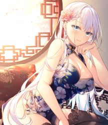 Rule 34 | 1girl, absurdres, bare arms, black thighhighs, blue eyes, braid, breasts, china dress, chinese clothes, cleavage, closed mouth, commentary request, cover, cover page, dress, earrings, floral print, flower, hair flower, hair ornament, highres, indoors, jewelry, long hair, looking at viewer, medium breasts, novel cover, novel illustration, official art, print dress, riselia ray crystalia, seiken gakuin no maken tsukai, sitting, smile, solo, thighhighs, toosaka asagi, very long hair, white hair, window