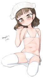 Rule 34 | 1girl, absurdres, aged down, bikini, brown eyes, dated, flat chest, glasses, headpiece, highres, kantai collection, kneeling, maru (marg0613), one-hour drawing challenge, pince-nez, roma (kancolle), short hair, side-tie bikini bottom, simple background, solo, swimsuit, thighhighs, twitter username, white background, white bikini, white thighhighs