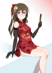Rule 34 | 1girl, absurdres, aqua eyes, artist name, artist request, bare legs, bare shoulders, black gloves, blue eyes, blush, bow, breasts, brown hair, china dress, chinese clothes, dress, elbow gloves, female focus, floral print, flower, flower print, folded fan, folding fan, gloves, hair between eyes, hair bow, hair flower, hair ornament, half updo, hand fan, high ponytail, highres, holding, holding fan, long hair, looking at viewer, love live!, love live! nijigasaki high school idol club, osaka shizuku, parted lips, ponytail, red bow, red dress, sitting, smile, solo, white background, white flower