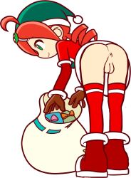 Rule 34 | 1girl, andou ringo, anus, ass, cleft of venus, drill hair, female focus, from behind, full body, furii, gift, gloves, green eyes, hat, highres, looking down, merry christmas, no panties, profile, pussy, puyopuyo, puyopuyo quest, red hair, santa costume, simple background, smile, solo, white background