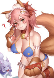 Rule 34 | ?, animal ear fluff, animal ears, animal hands, apron, bell, bikini, black-framed eyewear, blue bikini, blush stickers, breasts, cat hair ornament, cat paws, cleavage, collar, collarbone, cosplay, covered erect nipples, creature, dydydyok, fangs, fate/grand order, fate (series), fou (fate), fox ears, fox tail, gloves, hair ornament, hair ribbon, highres, jingle bell, large breasts, long hair, maid headdress, neck bell, paw gloves, paw shoes, pink hair, ponytail, purple eyes, red ribbon, ribbon, shoes, side-tie bikini bottom, simple background, swimsuit, tail, tamamo (fate), tamamo cat (fate), tamamo no mae (swimsuit lancer) (fate), tamamo no mae (swimsuit lancer) (fate) (cosplay), white background, yellow eyes
