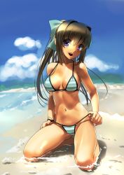 Rule 34 | 1girl, :d, bare shoulders, beach, bikini, bikini pull, blue eyes, breasts, brown hair, cleavage, clothes pull, cloud, day, full body, katahira masashi, kneeling, long hair, medium breasts, navel, o-ring, o-ring bottom, open mouth, original, outdoors, partially submerged, ponytail, pulling own clothes, seiza, shiny skin, sitting, smile, solo, strap gap, string bikini, striped bikini, striped clothes, swimsuit, water