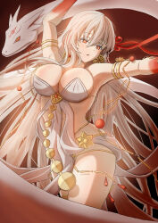 Rule 34 | 1girl, absurdres, animal, armlet, bare shoulders, belly chain, blush, breasts, cleavage, colored skin, durga (fate), earrings, fate/grand order, fate (series), fuyu no oka, gradient skin, grey hair, hair ribbon, highres, jewelry, large breasts, long hair, looking to the side, open mouth, orange eyes, oversized animal, pelvic curtain, red skin, revealing clothes, ribbon, sash, snake, solo, thighs, very long hair