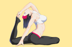 Rule 34 | 1girl, arched back, arched soles, arm support, armpits, ass, bad id, bad pixiv id, bare shoulders, barefoot, black eyes, black hair, black legwear, breasts, collarbone, crop top, dyun, exercising, feet, flexible, from side, full body, han juri, highres, holding own foot, large breasts, looking afar, midriff, multicolored hair, original, pants, pink hair, shirt, short hair, simple background, skin tight, solo, sportswear, street fighter, street fighter v, thighs, turtleneck, two-tone hair, white shirt, yellow background, yoga, yoga pants