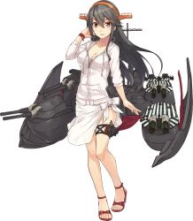 Rule 34 | 1girl, black hair, bow, bracelet, breasts, brown eyes, camouflage, cleavage, collarbone, dazzle paint, feet, footwear bow, full body, hair between eyes, hair ornament, hairband, hairclip, hand in own hair, haruna (kancolle), headgear, high heels, hood, hoodie, jacket, jacket over swimsuit, jewelry, kantai collection, konishi (koconatu), large breasts, long hair, long sleeves, looking at viewer, machinery, official art, sandals, shoes, solo, standing, strappy heels, swimsuit, swimsuit under clothes, toeless footwear, toes, transparent background, turret, zipper