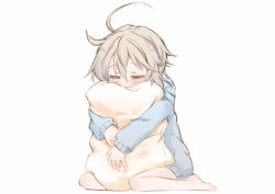 Rule 34 | 1girl, ahoge, anastasia (idolmaster), artist request, blush, child, closed eyes, hood, hoodie, hug, idolmaster, idolmaster cinderella girls, messy hair, hugging object, pillow, pillow hug, solo, sweater, white hair, aged down