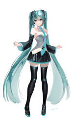 Rule 34 | 1girl, aqua eyes, aqua hair, artist name, bare shoulders, black skirt, black thighhighs, blue eyes, blue hair, blue nails, blue necktie, boots, breasts, closed mouth, collar, detached sleeves, facing viewer, full body, hair between eyes, hair ornament, hatsune miku, highres, hoojiro, long hair, long sleeves, looking at viewer, nail polish, necktie, shirt, simple background, skirt, smile, solo, standing, thigh boots, thighhighs, twintails, very long hair, vocaloid, white background, wide sleeves