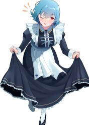 Rule 34 | 1girl, absurdres, alternate costume, black footwear, blue hair, breasts, commentary request, full body, highres, leaning forward, lifted by self, long sleeves, looking at viewer, maid, medium breasts, red eyes, simple background, solo, tatara kogasa, tongue, tongue out, touhou, urizaku3, white background