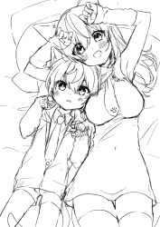 Rule 34 | 1boy, 1girl, ?, age difference, animal ears, bed, blush, cat ears, child, eyes visible through hair, highres, mole, monochrome, nei (os), onee-shota, original, os (os fresa), size difference, sketch, sleeves past wrists, source request, souta (os)