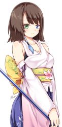 Rule 34 | 00s, 1girl, bad id, bad twitter id, bare shoulders, black hair, blue eyes, blush, closed mouth, collarbone, cowboy shot, detached sleeves, final fantasy, final fantasy x, green eyes, hakama, hakama skirt, heterochromia, highres, holding, holding staff, japanese clothes, long sleeves, looking at viewer, maremay0513, miko, obi, sash, short hair, skirt, smile, solo, staff, swept bangs, v arms, wide sleeves, yuna