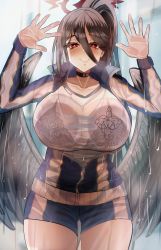 Rule 34 | 1girl, against glass, benz (rita29), bird wings, black bra, blue archive, bra, breast press, breasts, breasts on glass, choker, hair between eyes, hasumi (blue archive), hasumi (track) (blue archive), highres, huge breasts, jacket, large breasts, looking at viewer, partially unzipped, ponytail, red eyes, see-through, shorts, smile, thighs, track jacket, underwear, unzipped, wet, wet clothes, wings