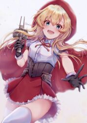 Rule 34 | 1girl, :d, abukuma (kancolle), blonde hair, blue eyes, frilled skirt, frills, hair down, halloween costume, highres, kantai collection, long hair, looking at viewer, neck ribbon, official alternate costume, open mouth, puffy short sleeves, puffy sleeves, red hood, red ribbon, red skirt, ribbon, saiba (meiba3ku), shirt, short sleeves, skirt, smile, solo, thighhighs, twitter username, white shirt, white thighhighs