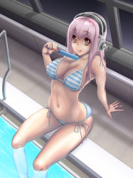Rule 34 | 1girl, :p, arched back, arm support, bikini, breasts, brown eyes, cleavage, food, headphones, indoors, kairichan, large breasts, nail polish, navel, night, nitroplus, osafune kairi, partially submerged, pink hair, pool, pool ladder, poolside, popsicle, rei no pool, sitting, soaking feet, solo, striped bikini, striped clothes, super sonico, swimsuit, tongue, tongue out, water, window