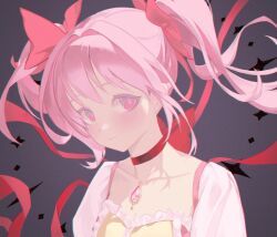 Rule 34 | 1girl, collarbone, dress, grey background, hair ribbon, highres, kaname madoka, looking at viewer, looshue, magical girl, mahou shoujo madoka magica, mahou shoujo madoka magica (anime), neck ribbon, pink dress, pink eyes, pink hair, red ribbon, ribbon, short hair, short twintails, smile, solo, soul gem, twintails
