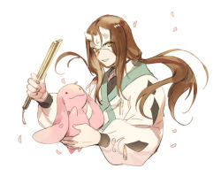 Rule 34 | 1boy, aquaplus, arms up, black eyes, brown hair, cherry blossoms, closed mouth, eyes visible through hair, from side, hair over one eye, haku (utawarerumono), hand fan, haru (monochrome mobius), holding, holding fan, holding weapon, long hair, long sleeves, looking at another, looking at viewer, low ponytail, mask, monochrome mobius, parted bangs, petals, rabbit ears, sidelocks, smug, upper body, utawarerumono, utawarerumono: futari no hakuoro, very long hair, wavy mouth, weapon, xyataka, yellow eyes